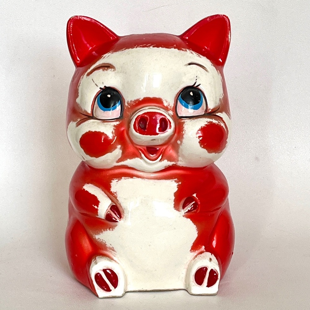 1960s Piggy Bank Vintage Chalkware Coin Bank Red Enamel Sitting Pig RIES Japan